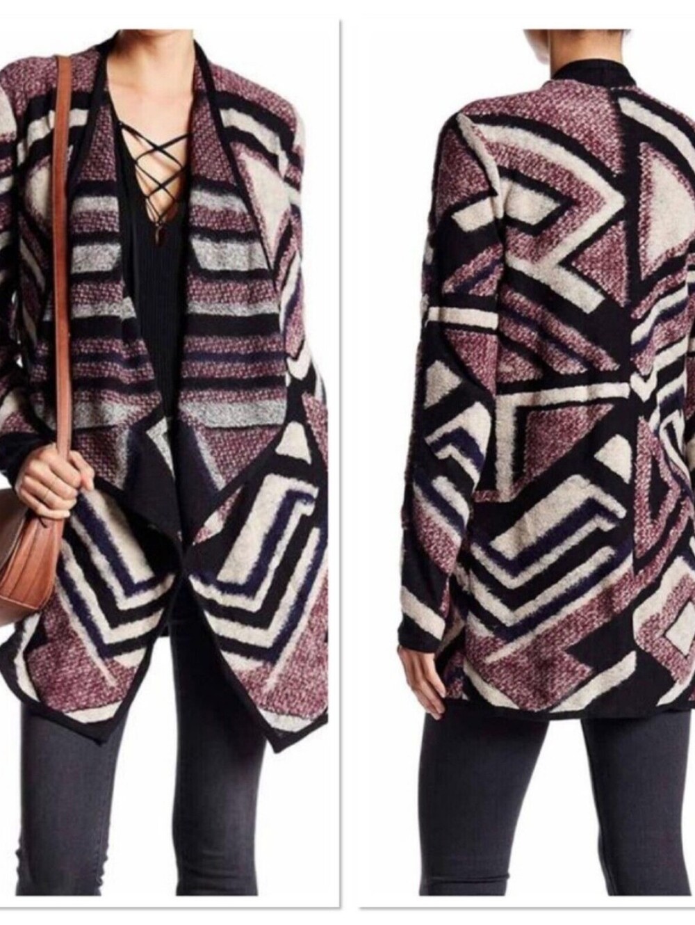 Lucky Brand Intarsia Geometric Tribal Print Cascade Cardigan In M